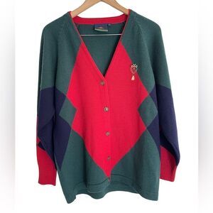 Lady Arrow Collection 100% Wool Cardigan Sweater Red Green Gold buttons Size 38